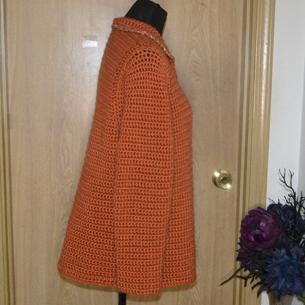 Orange Handmade Heavy Chunky Knit Cardigan Cottage-core Grandmacore Cardigan - Picture 4 of 15